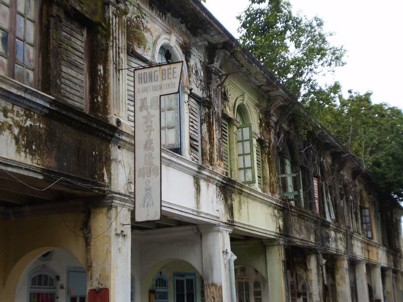 old, built structure, colonial houses, residential district, obsolete, malaysia, outdoors, weathered, no people, melaka, tree, building exterior, low angle view