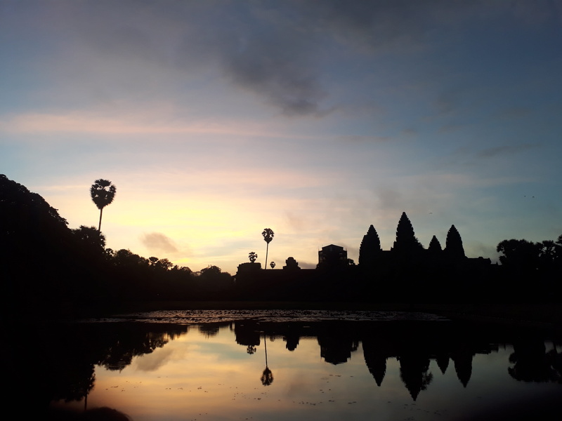 outdoors, waterfront, 4K, Sunrise, no people, plant, standing water, nature, tree, angkorwat, sunset, tranquil scene, reflection, Cambodia, water, sky