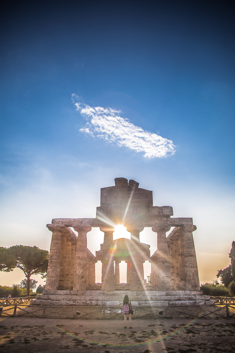 building, 5K, religion, belief, built structure, outdoors, spirituality, building exterior, lens flare, italy, cloud - sky, the past, architecture, paestum