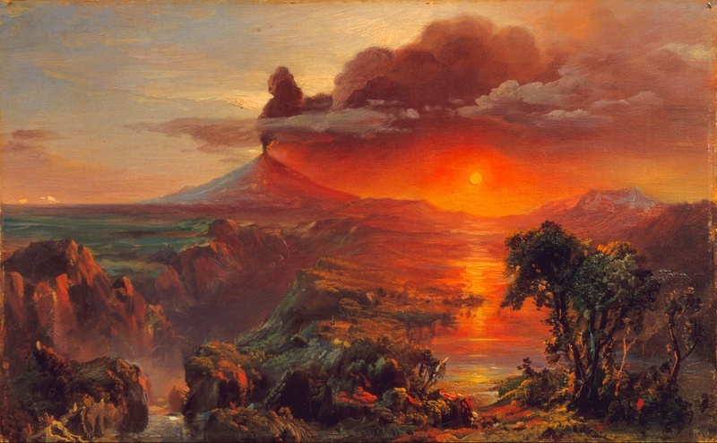 volcano, outside, artistry, idyllic, sun, mountain, frederic church, cotopaxi, oil on canvas, tranquil scene, artistic, no people, country, scenics - nature