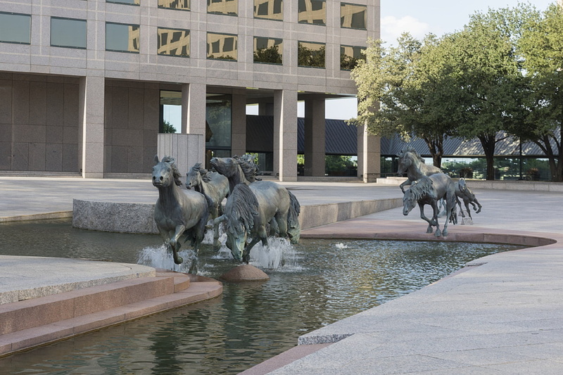 robert glen, sculpture, reflection, art, animal, offices, artwork, water, gallop, metal, group of animals, animal themes, day, architectural, architecture