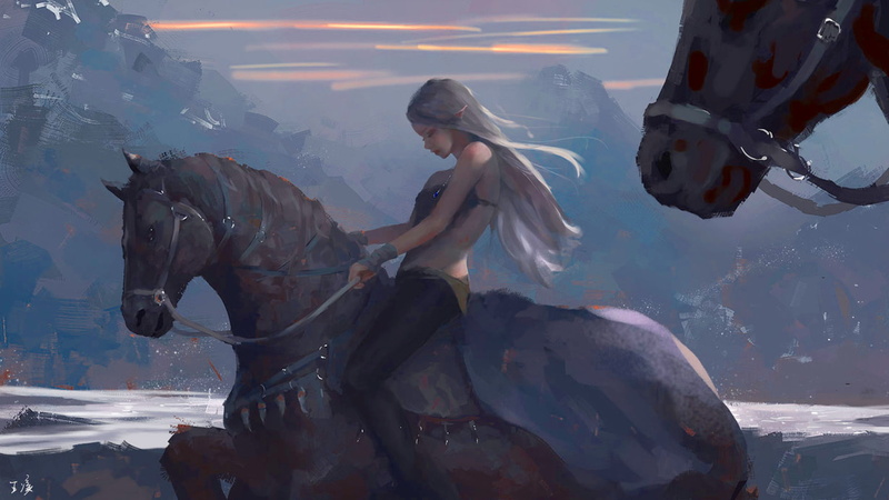 white hair, horse, 1080P, mountains, elves, WLOP