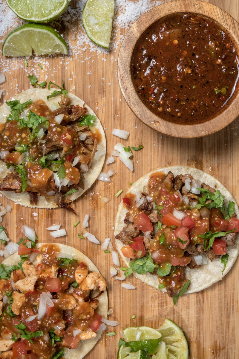 ready-to-eat, herb, freshness, united states, directly above, still life, indoors, no people, taco, meat, cutting board, front street media, onions, healthy eating