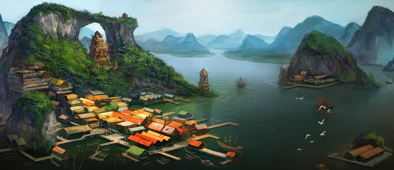 water, outdoors, 4K, mountain, transportation, travel destinations, tranquil scene, built structure, artwork, travel, day, nautical vessel, plant, islands