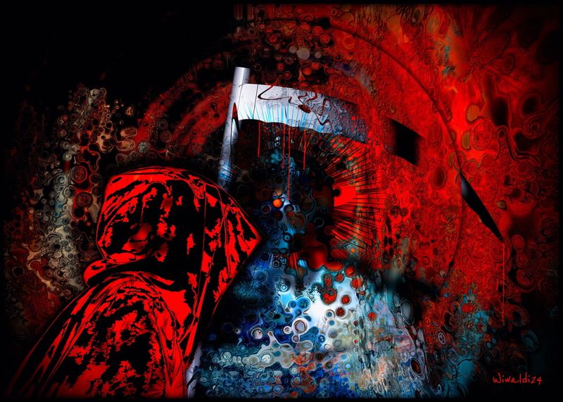 death, red, paint, traditional art, wall - building feature, human body part, real people, water, creativity, art and craft, digital composite, scythe