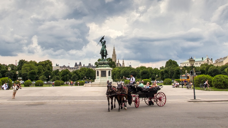 Fiaker, transportation, horse cart, coach, horsedrawn, domestic animals, travel destinations, Vienna, mammal, Panorama, cloud - sky, outdoors, street, livestock