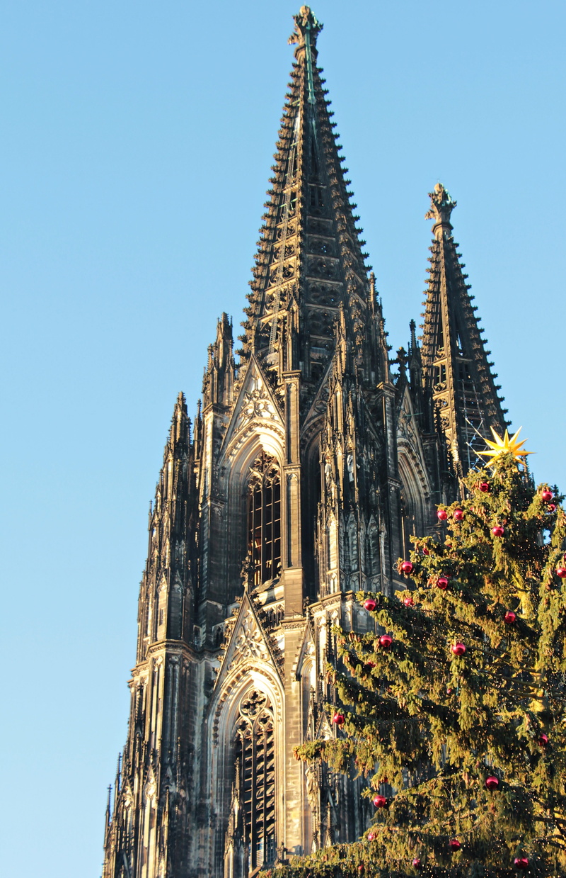 157, christmas tree, partly cloudy, cologne on the rhine, spires, christmas tree in front of the cologne cathedral, Dom, 5K, christmas time, gothic, blue sky