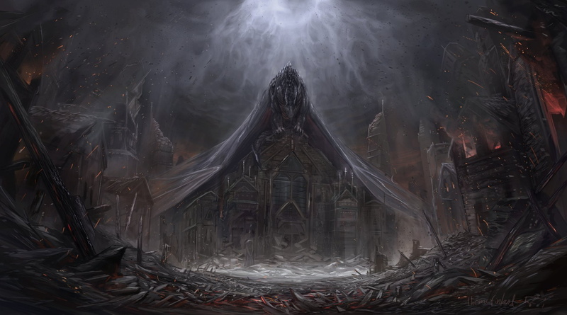 art and craft, place of worship, Fantasy, religion, built structure, no people, day, indoors, Dragon, 1080P, Destruction, architecture, human representation