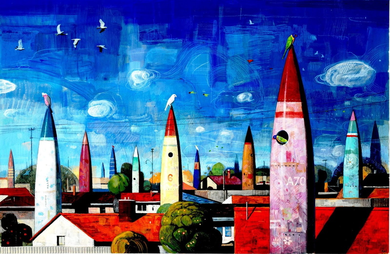 clouds, 720P, town, digital art, architecture, building, painting, fantasy art, trees, house, birds, artwork, rocket, rooftops, missiles, colorful