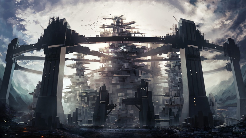 birds, town, artwork, construction, tower, workers, 1080P, futuristic city, fantasy art, mountains, concept art, bridge