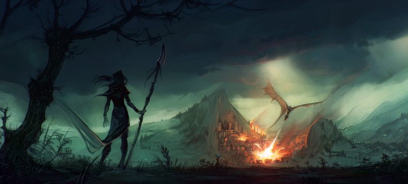 Spear, Fire, Warrior, Dragon Attack, 2K, Dragon, Town, Fantasy