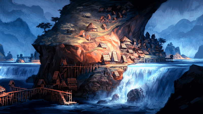 village, art, mist, fantasy, houses, islands, fog, 1080P, mountains, town, architecture, landscapes, waterfalls, rivers