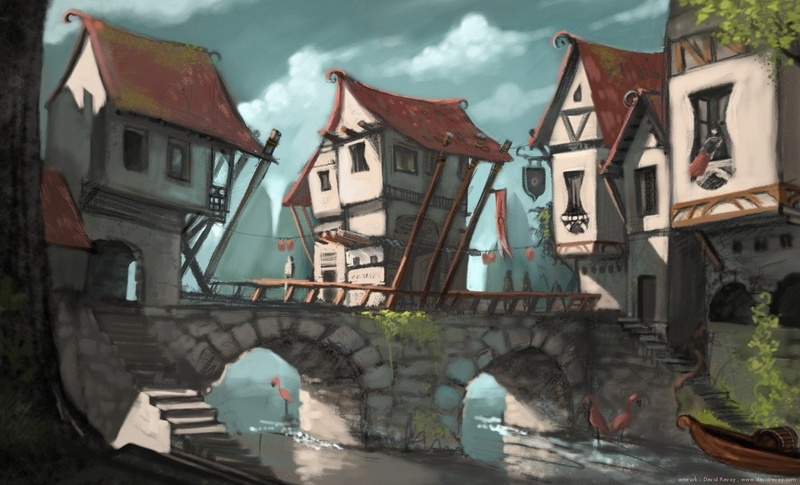 720P, Fantasy, Bridge, Town, Drawing, Artistic, Medieval