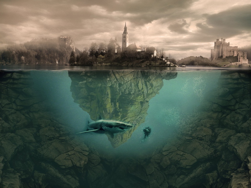 Photography, Town, Shark, Manipulation, Underwater, Fantasy, Diver, 1080P