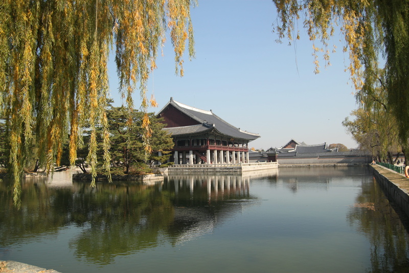 built structure, asia, seoul, history, 4K, traditional, nature, destination, chosun, clear sky, vacation, tree, water, waterfront, gyeongbokgung, building