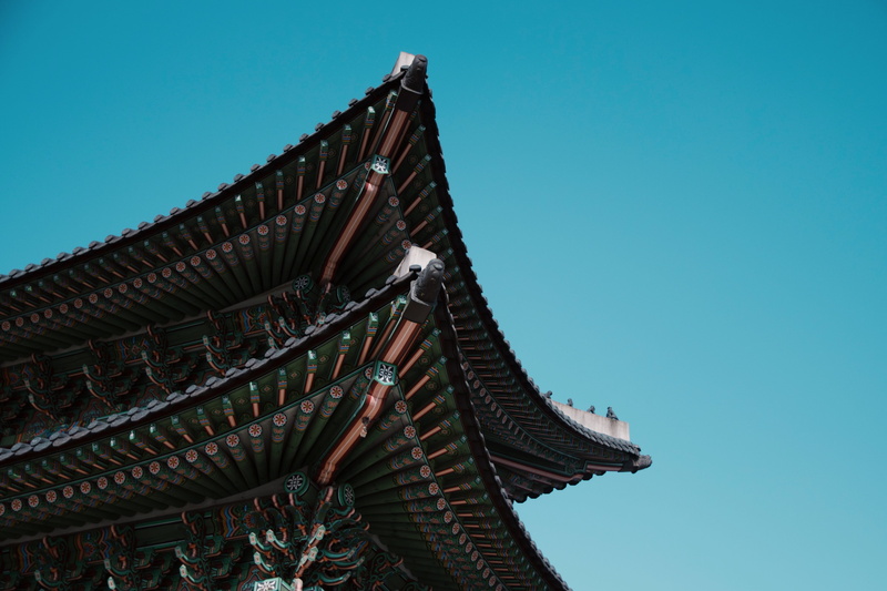 built structure, angle, details, south korea, temple, belief, no people, eaves, low angle view, structure, staircase, castle, building exterior, day, copy space