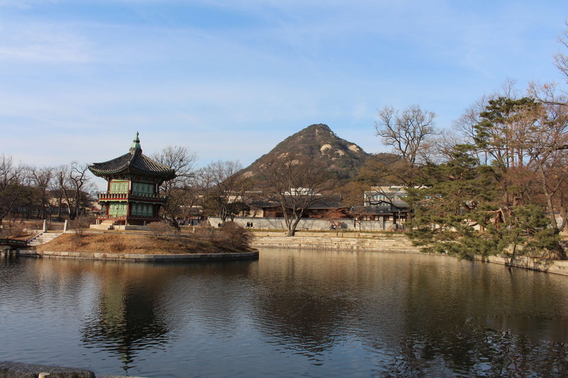 building exterior, plant, water, architecture, beauty in nature, tree, outdoors, reflection, gyeongbokgung, building, hill, lake, winter, built structure