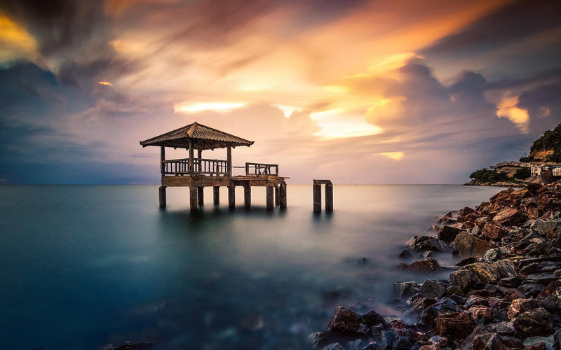 sunset, 1080P, sky, horizon over water, sea, dock, beauty in nature, nature, structure, outdoors, coast, wooden, rock, tranquility, pier, ruin, horizon