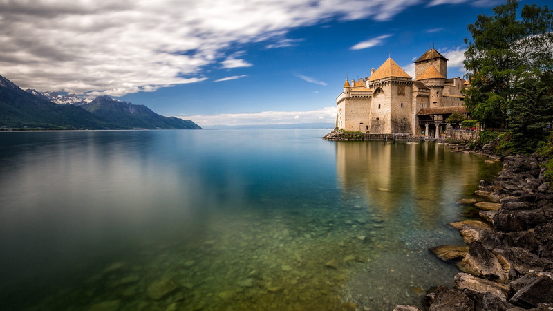 nature, Chillon Castle, mountains, trees, castle, Lake Geneva, Castel of Chillon, river, Switzerland, clouds, long exposure, sky, 1080P, landscape, architecture