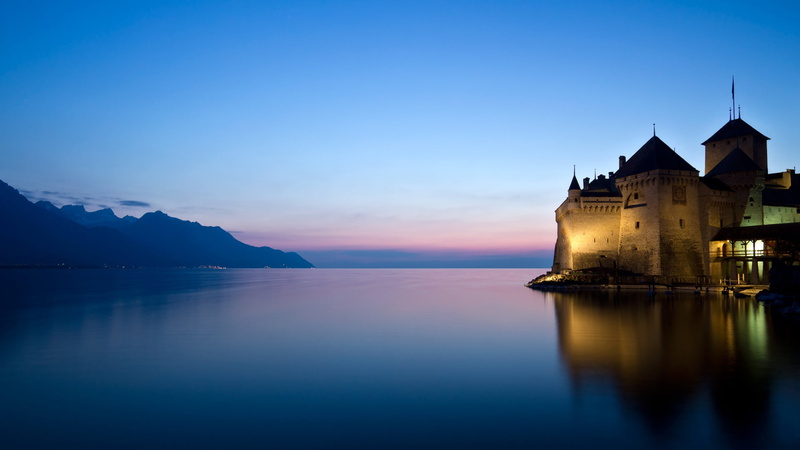 mountain, lake geneva, chillon castle, building, sunset, bernese alps, switzerland, scenics - nature, architecture, 1080P, chateau, tranquility, tranquil scene