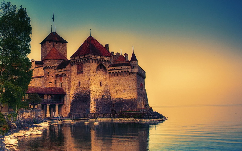sunset, built structure, building exterior, dusk, travel destinations, nature architecture castle trees old building switzerland lake geneva rock reflection chillon castle
