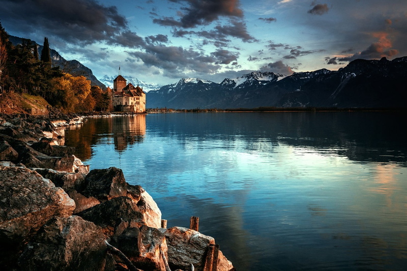 landscape, lake, Chillon Castle, photography, Fall, 720P, nature, Snowy Peak, mountains, Switzerland