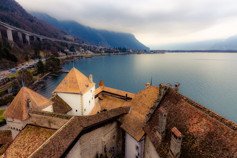 1080P, panorama, Chateau de Chillon, mountains, lake, castle, Lake Geneva, Switzerland, the view from the top, Chillon Castle, clouds