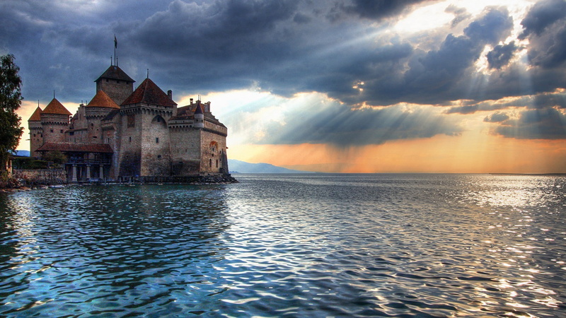 sunlight, Chillon, 1080P, castle, water, sea, clouds