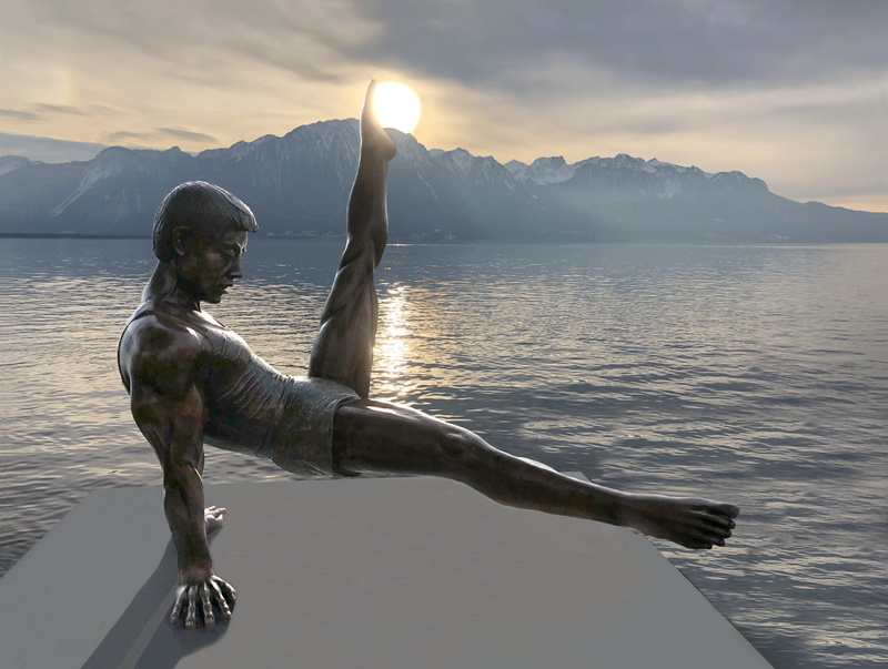 real people, figure, mountain, yk, sunlight, lifestyles, one person, water, statue, mountain range, tranquility, switzerland, sun, 4K, nature, lake, sunset