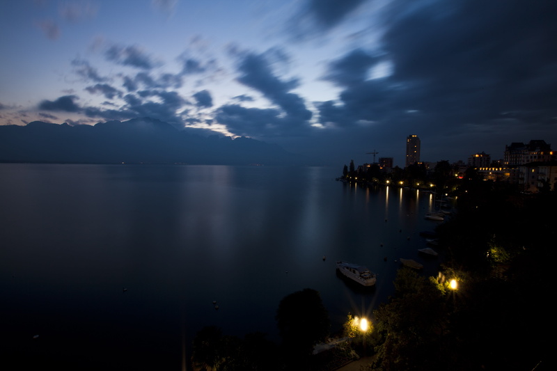 night, cityscape, sea, office building exterior, montreux, urban skyline, sunrise, 5K, outdoors, architecture, cloud - sky, skyscraper, reflection