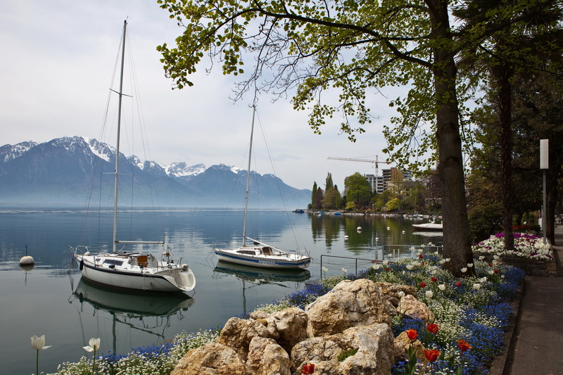 4K, coast, mountains, Montreux, nature, landscape, yacht, Switzerland, sailing, white, motorboat