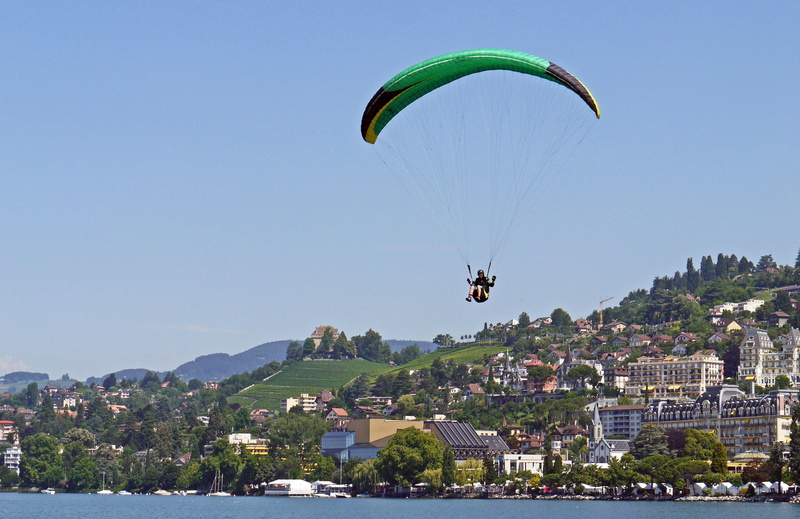 sport, wind, lac léman, shore area, parachute, water, mountain, grand hotel, alpine, vineyards, switzerland, competition, sky, paragliding, joy, landing