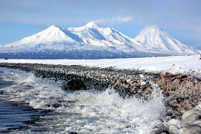 day, lagoon, beauty in nature, beach, flowing water, ice, volcanoes, kamchatka, landscape, environment, ocean, tranquil scene, mountain peak, cold temperature