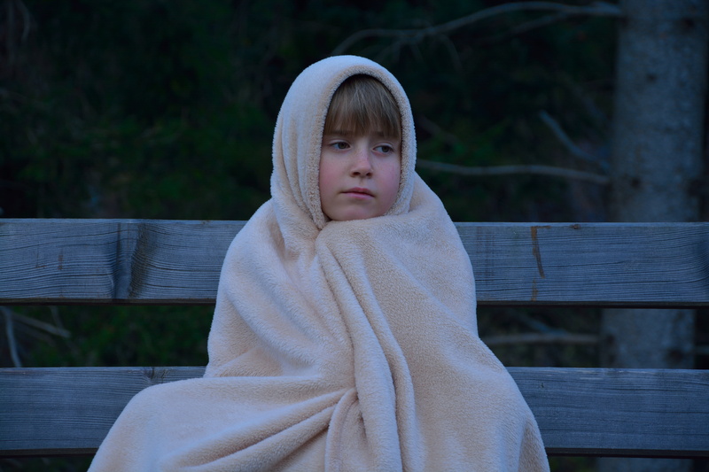 girl, sad, thoughtful, cold, kid, covered, evening, front view, wrapped in a blanket, day, leisure activity, girls, looking, childhood, seat, lonely, bench