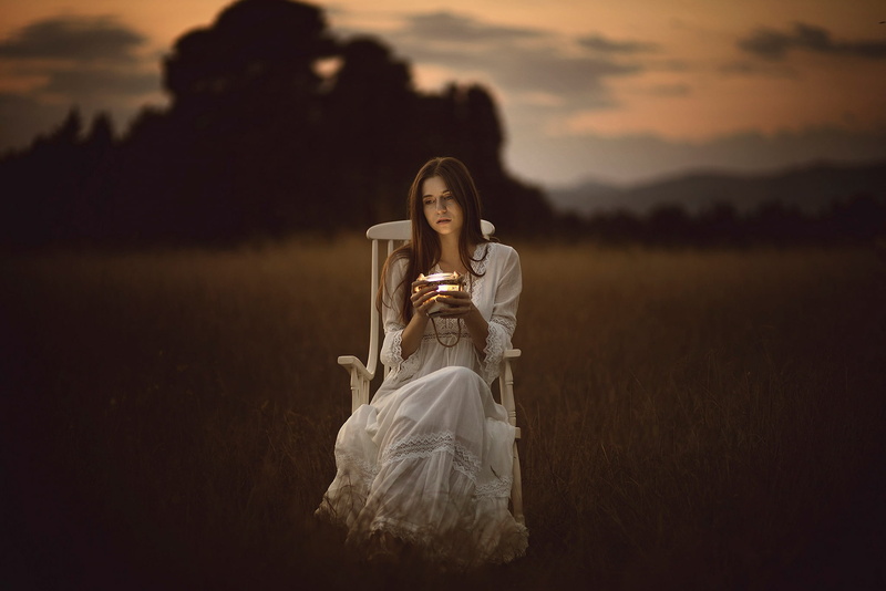 twilight, girl, white, autumn, look, lady, 1080P, light, field, sadness, sitting, the evening, lamp, chair, dress