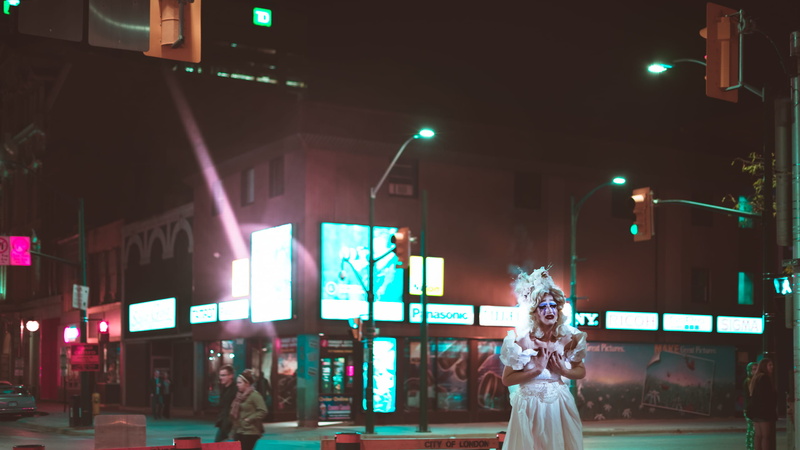 downtown, evening, architecture, 2K, woman, young adult, urban, waiting, nightlife, fashion, lights, one person, women, street lights, hair, signage, hairstyle