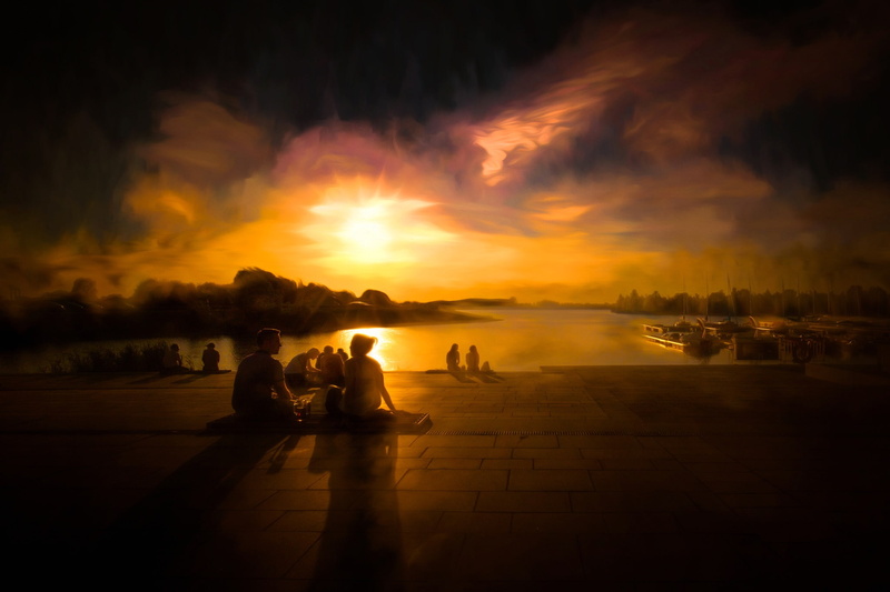 sadness, picnic, the evening, clouds, people, 1080P, stay, harbour