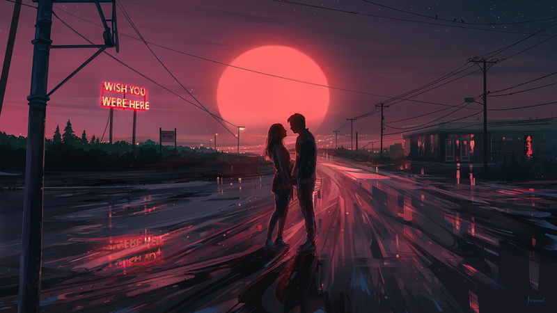 digital painting, couple, night, 1080P, romantic, Aenami
