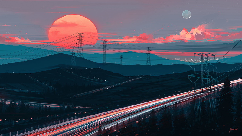 1080P, Aenami, hills, trees, road, power lines, clouds, forest, sunset, Moon