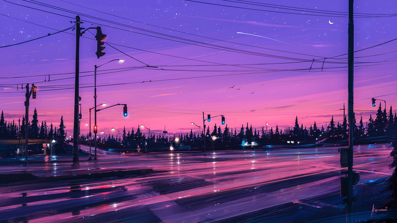 street, Aenami, 2D, Cityscape, landscape, digital art, 1080P