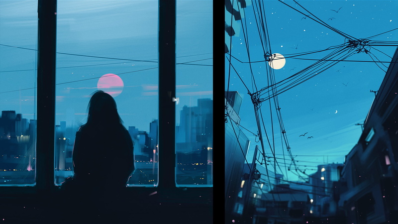 artwork, 1080P, wires, digital painting, illustration, power lines, drawing, Aenami, digital, city, window, building, digital art, environment, silhouette