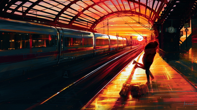 4K, sunset, women, artwork, train, train station, Aenami, painting