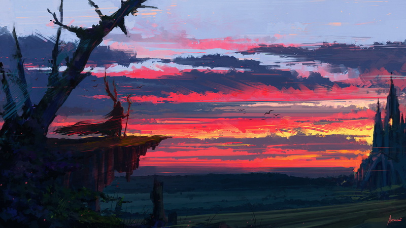 digital art, landscape, clouds, fantasy Art, sunset, staff, 1080P, artwork, Aenami