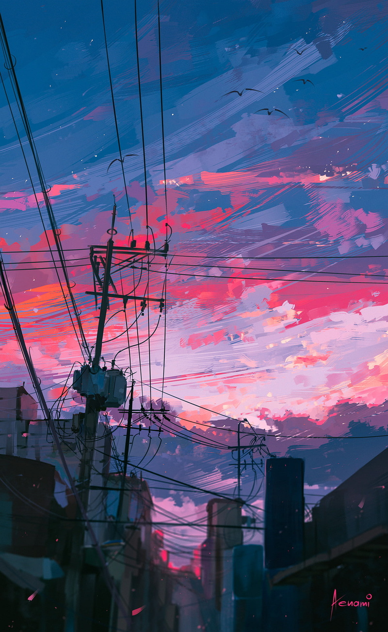 1080P, Aenami, clouds, Power Lines, sky, Portrait Display, sunset, town
