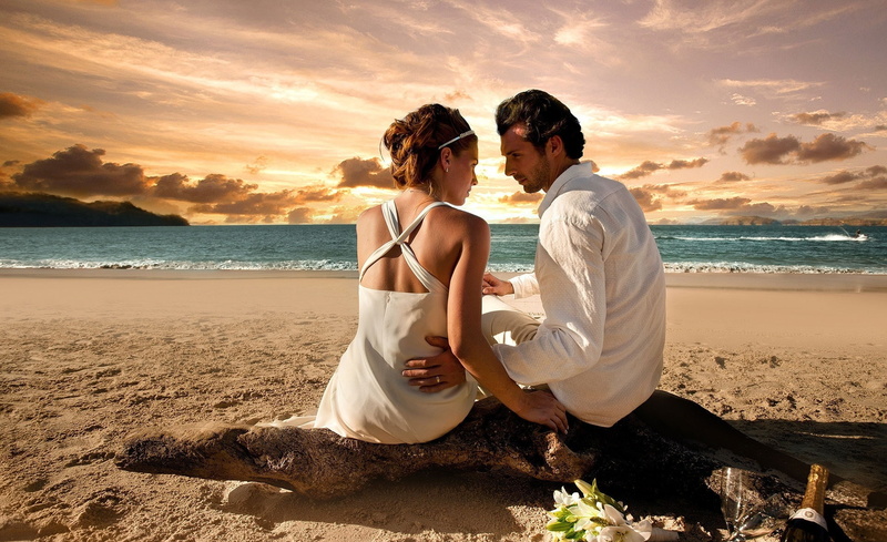 nature, bride, men, sea, s, Honeymoon, beach, water, adult, young adult, sunset, horizon over water, Love, sky, 1080P, couple - relationship, land, emotion