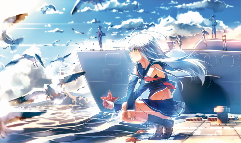 Aoki Hagane no Arpeggio, sea, 1080P, birds, Iona (Aoki Hagane no Arpeggio), ship