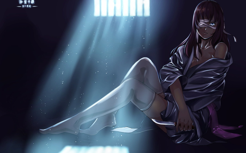 casual clothing, anime girls, stockings, young adult, illuminated, young women, knife, one person, anime, front view, haired, female, hairstyle, sitting