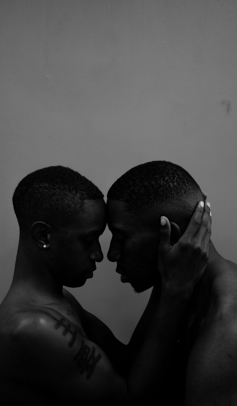 studio shot, men, real people, shirtless, side view, headshot, two people, bonding, forehead, touching, portrait, black and white, people, close-up, adult