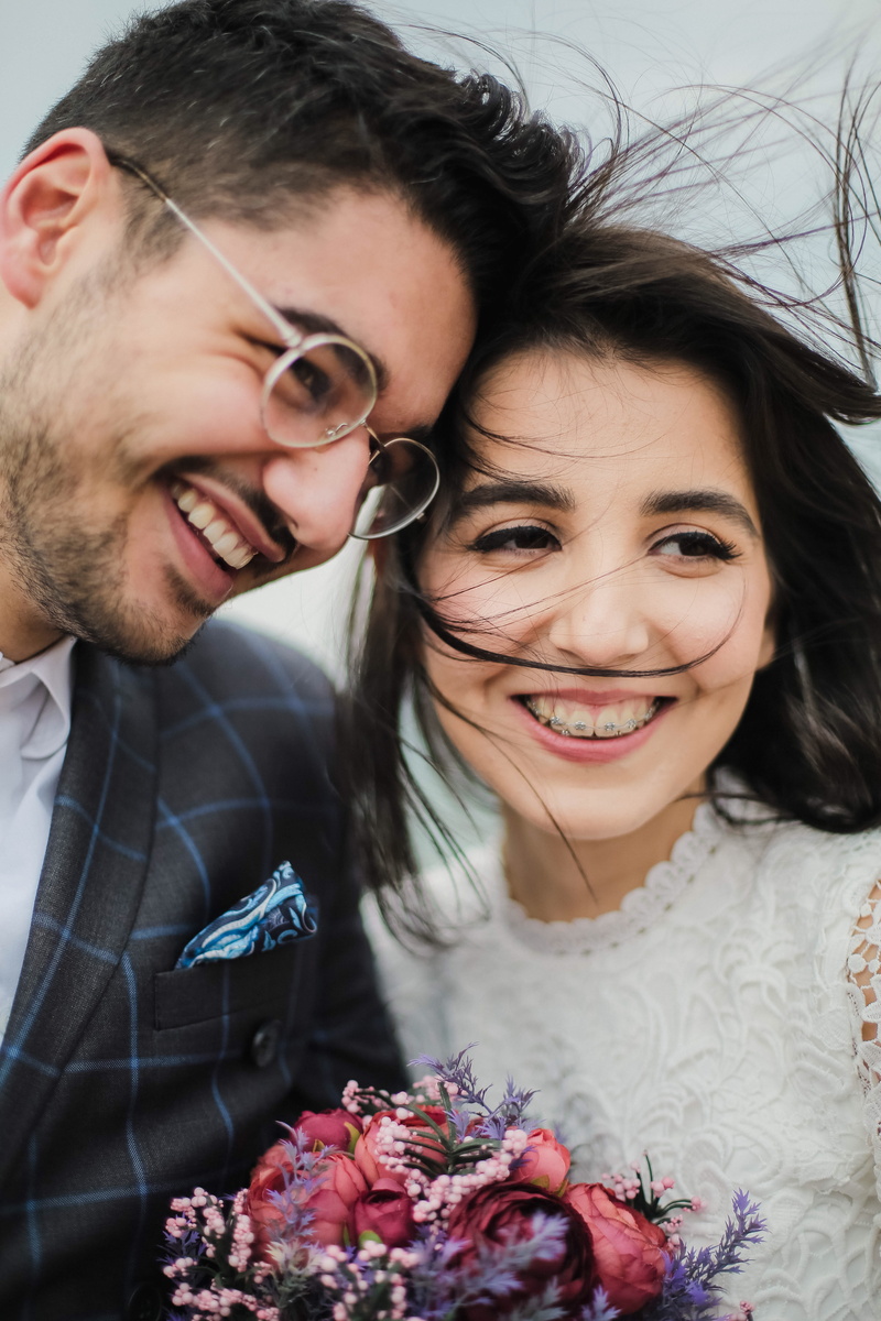 kurtaran, women, bonding, emotion, females, young adult, male, bouquet, glasses, purple, hair, newlywed, hairstyle, pink, headshot, adult, two people, couple - relationship