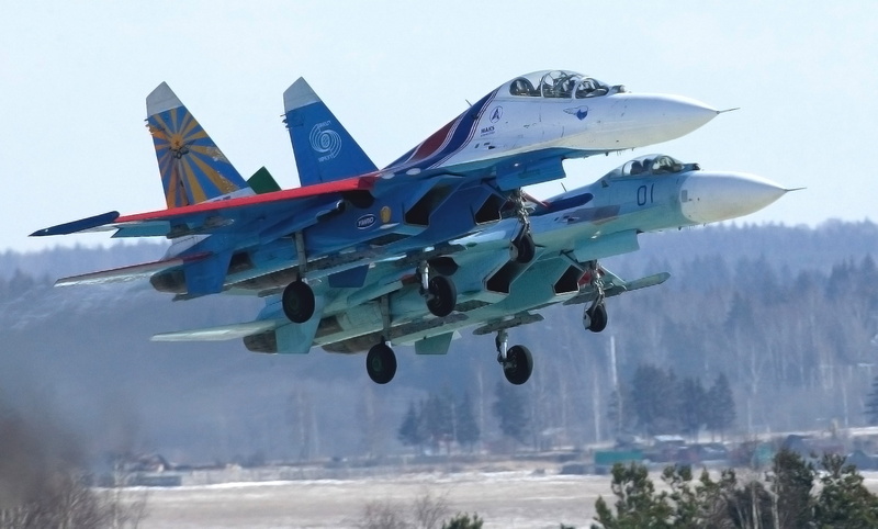 Two, The rise, Best, Aerobatic team, BBC, Multipurpose, Russian Knights, The plane, Su-27P, Forest, Aviation, Su-27UB, Russia, Fighter, 2K, the fourth generation
